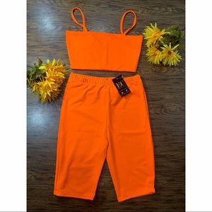 Neon Orange Two Piece High Waist Biker Short Set
